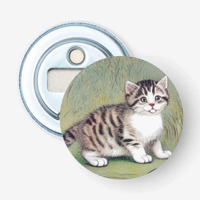 Vintage Striped Kitten Illustration Bottle Opener (Front)