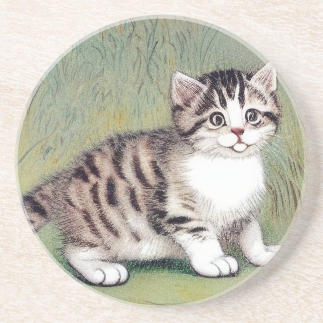 Vintage Striped Kitten Illustration Coaster (Front)