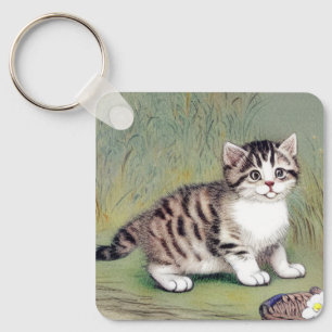 Vintage Striped Kitten Illustration Key Ring