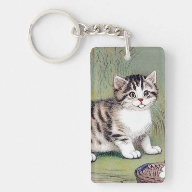 Vintage Striped Kitten Illustration Key Ring (Front)