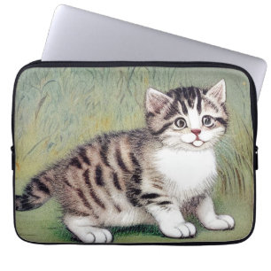 Vintage Striped Kitten Illustration Laptop Sleeve