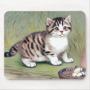 Vintage Striped Kitten Illustration Mouse Pad