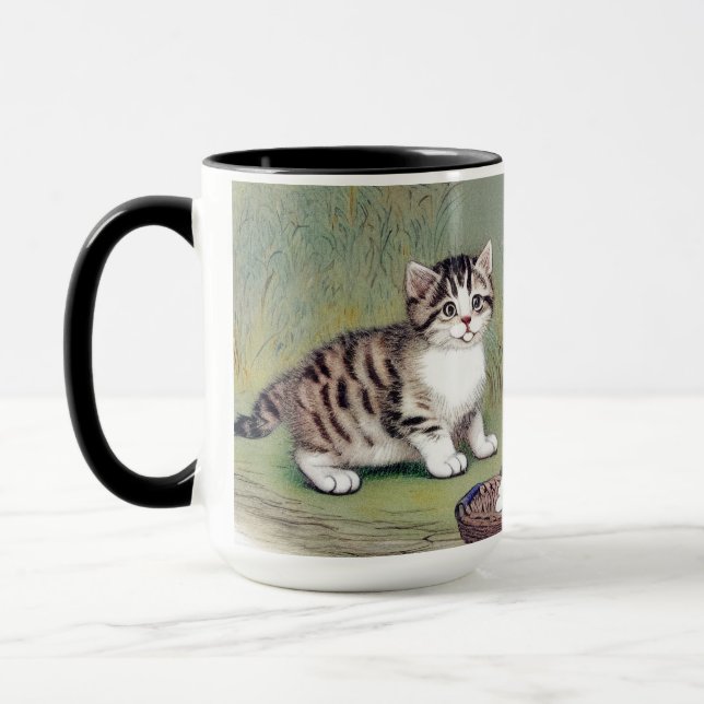 Vintage Striped Kitten Illustration Mug (Left)