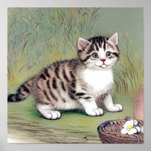 Vintage Striped Kitten Illustration Poster