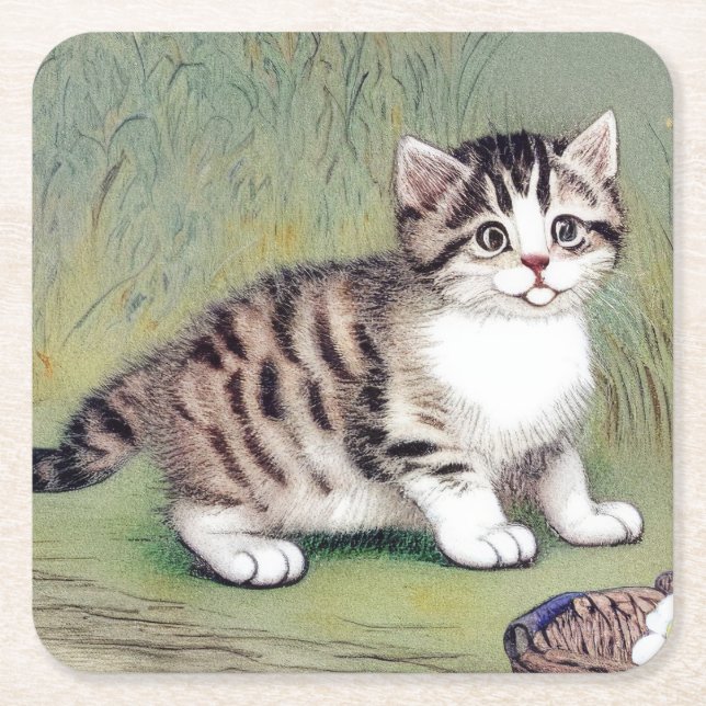 Vintage Striped Kitten Illustration Square Paper Coaster (Front)