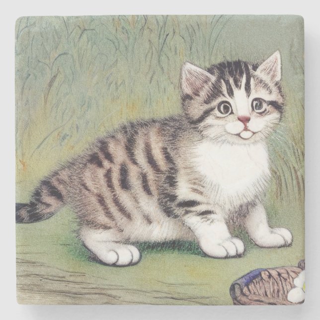 Vintage Striped Kitten Illustration Stone Coaster (Front)