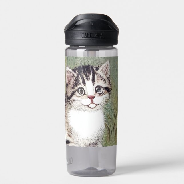 Vintage Striped Kitten Illustration Water Bottle (Back)