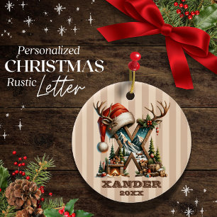 Vintage Striped Letter X Custom Rustic Holiday Ceramic Tree Decoration