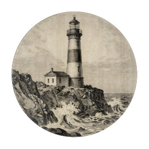 Vintage Striped Lighthouse Stormy Coast Cutting Board