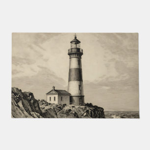 Vintage Striped Lighthouse Stormy Coast  Doormat