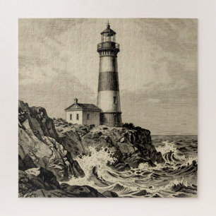 Vintage Striped Lighthouse Stormy Coast Jigsaw Puzzle