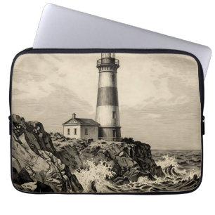 Vintage Striped Lighthouse Stormy Coast  Laptop Sleeve