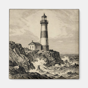 Vintage Striped Lighthouse Stormy Coast Magnet