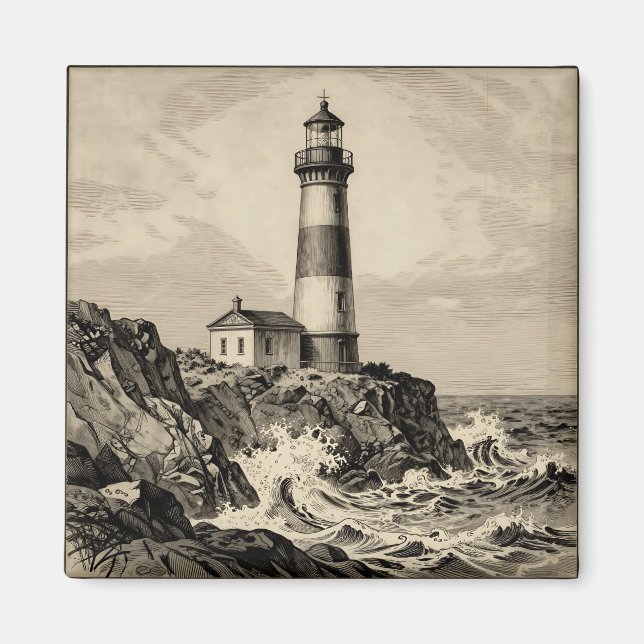 Vintage Striped Lighthouse Stormy Coast  Magnet (Front)
