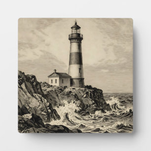 Vintage Striped Lighthouse Stormy Coast Plaque