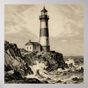 Vintage Striped Lighthouse Stormy Coast Poster