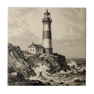 Vintage Striped Lighthouse Stormy Coast Tile