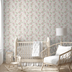 Vintage Striped Pink Rose Wallpaper
