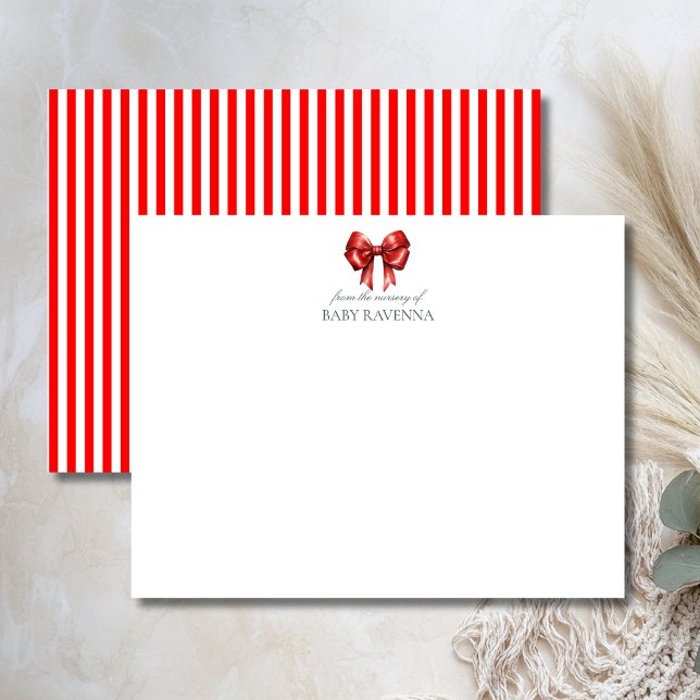 Vintage Striped Red Bow Cute Nursery Note Card (Creator Uploaded)