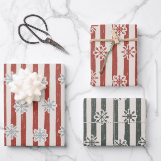 Vintage Striped Snowflake Red and Green Wrapping Paper Sheet