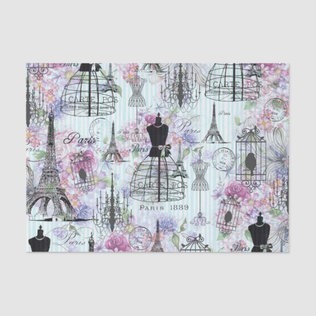 Vintage stripes Eiffel Tower collage pink floral Tissue Paper (Front)