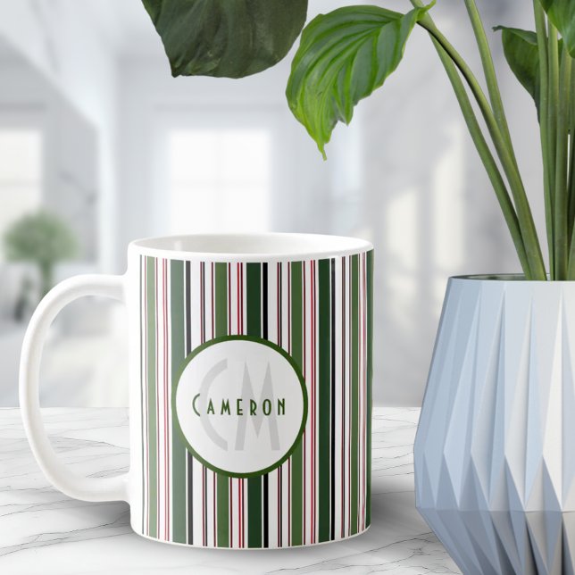 Vintage Stripes Modern Green White Monogram  Coffee Mug (Vintage Stripes Modern Green White Monogram Coffee Mug)