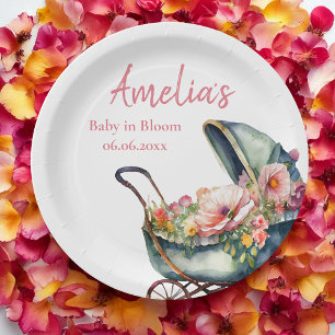 Vintage Stroller Personalised Baby Shower Paper Plate