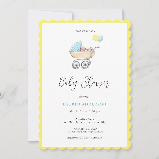 Vintage stroller with flowers Baby Shower  Invitation (Front)