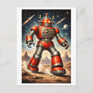 Vintage-Style 1950s Sci-Fi Red Space Robot Postcard
