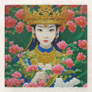Vintage Style Abstract Asian Girl with Flowers Glass Coaster