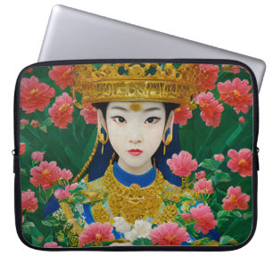 Vintage Style Abstract Asian Girl with Flowers Laptop Sleeve