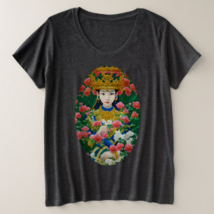Vintage Style Abstract Asian Girl with Flowers Plus Size T-Shirt