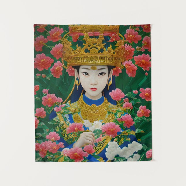 Vintage Style Abstract Asian Girl with Flowers Tapestry (Front)
