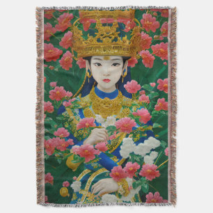 Vintage Style Abstract Asian Girl with Flowers Throw Blanket