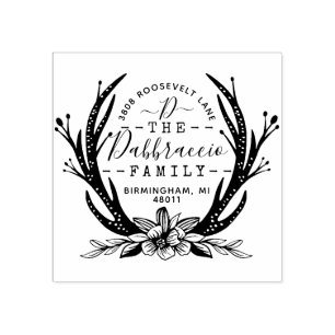 Vintage Style Antler Horns Floral Flowers Address Rubber Stamp