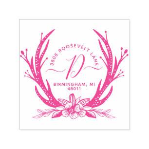 Vintage Style Antler Horns Floral Monogram Address Self-inking Stamp