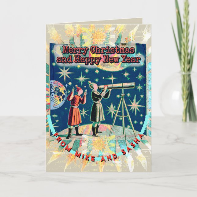 Vintage Style Astronomers Christmas Telescope Sky  Note Card (Front)