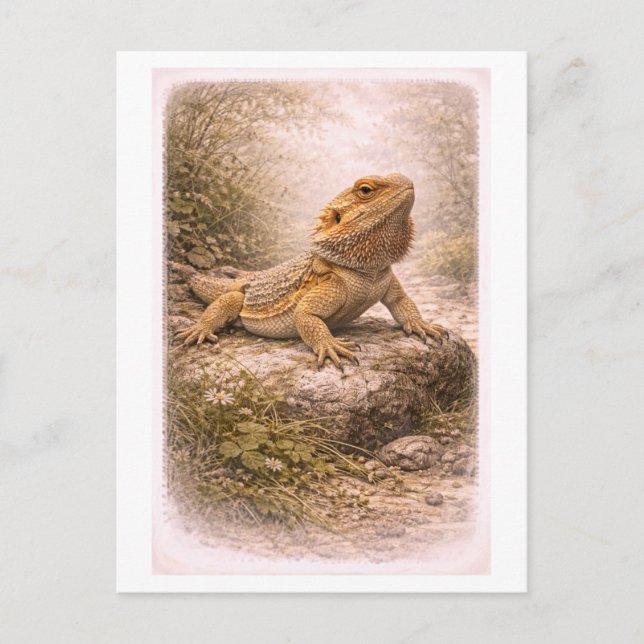Vintage-Style Bearded Dragon Illustration Postcard (Front)
