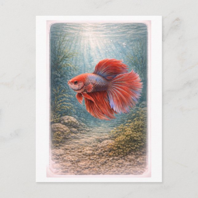 Vintage-Style Betta Fish Illustration Postcard (Front)