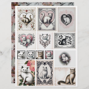 Vintage Style Black and Pink Kitten Illustrations