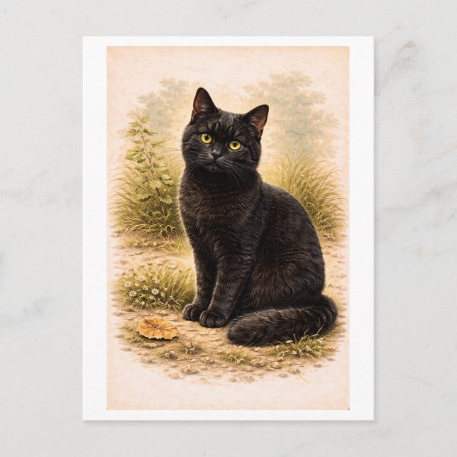 Vintage-Style Black Cat Illustration Postcard (Front)