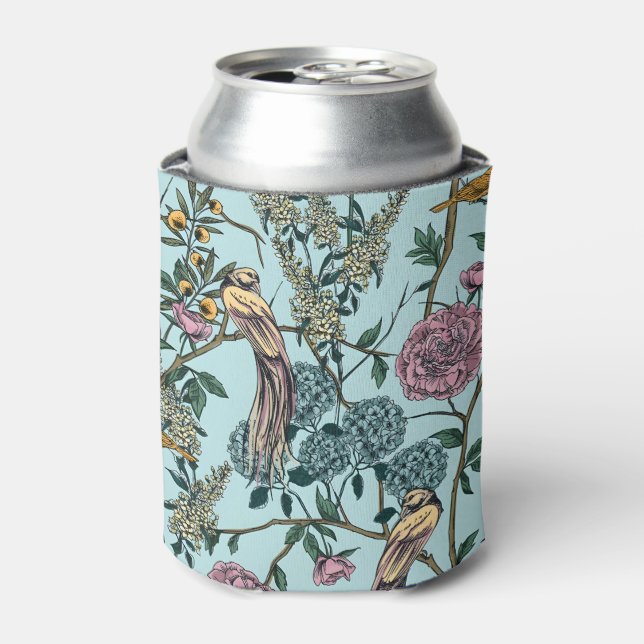 Vintage-style blue color botanical pattern  can cooler (Can Front)