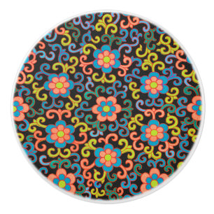 Vintage-style blue color botanical pattern cerami ceramic knob