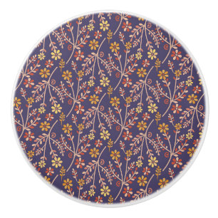 Vintage-style blue color botanical pattern cerami ceramic knob