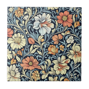 Vintage-style blue color botanical pattern  cerami tile