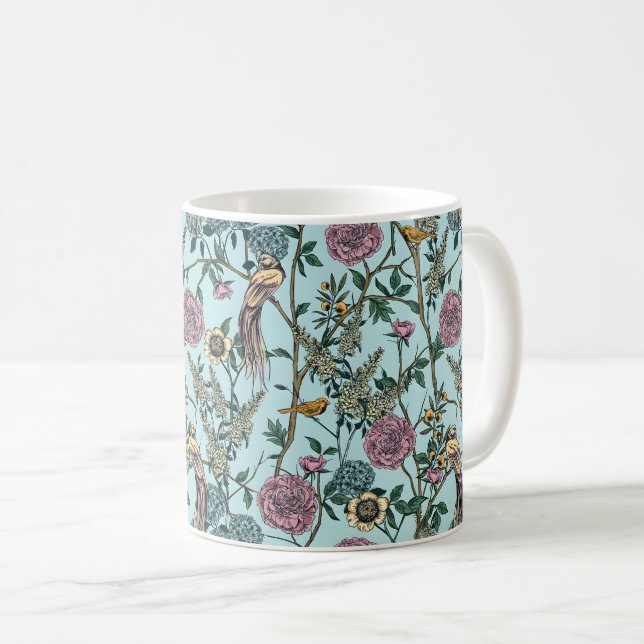 Vintage-style blue color botanical pattern  coffee mug (Front Right)