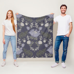 Vintage-style blue color botanical pattern fleece blanket