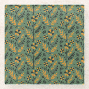 Vintage-style blue color botanical pattern glass coaster