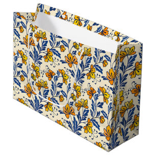 Vintage-style blue color botanical pattern large gift bag
