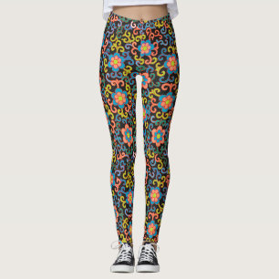 Vintage-style blue color botanical pattern leggin leggings